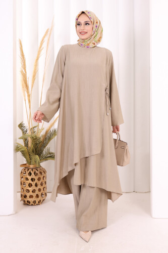 Yandan Bağlamalı Tunik Pantolon Takım 8008 Vizon 