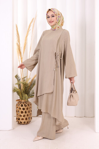 Yandan Bağlamalı Tunik Pantolon Takım 8008 Vizon - 3