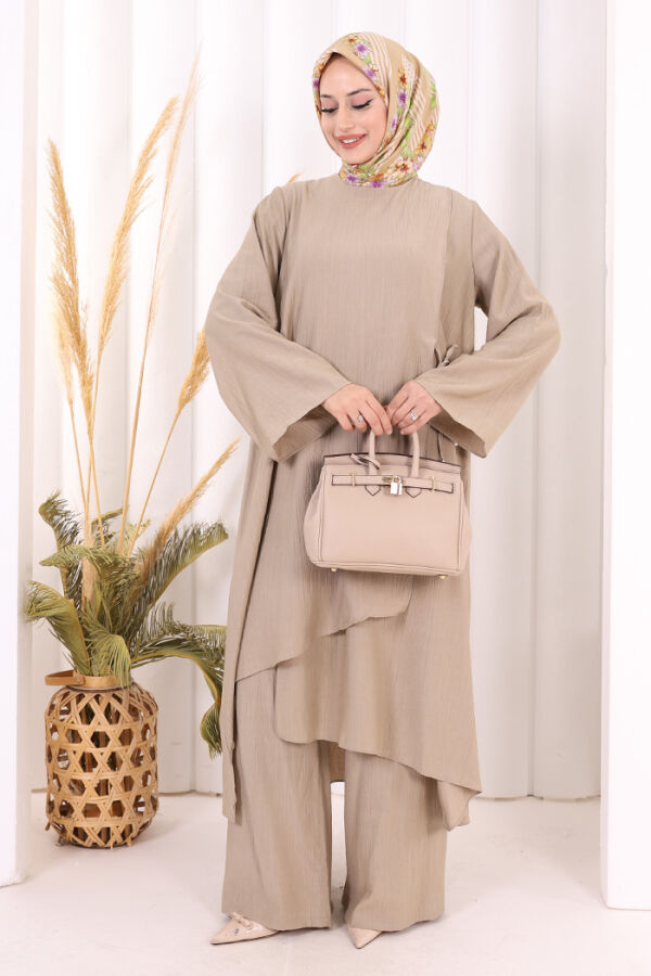Yandan Bağlamalı Tunik Pantolon Takım 8008 Vizon - 1