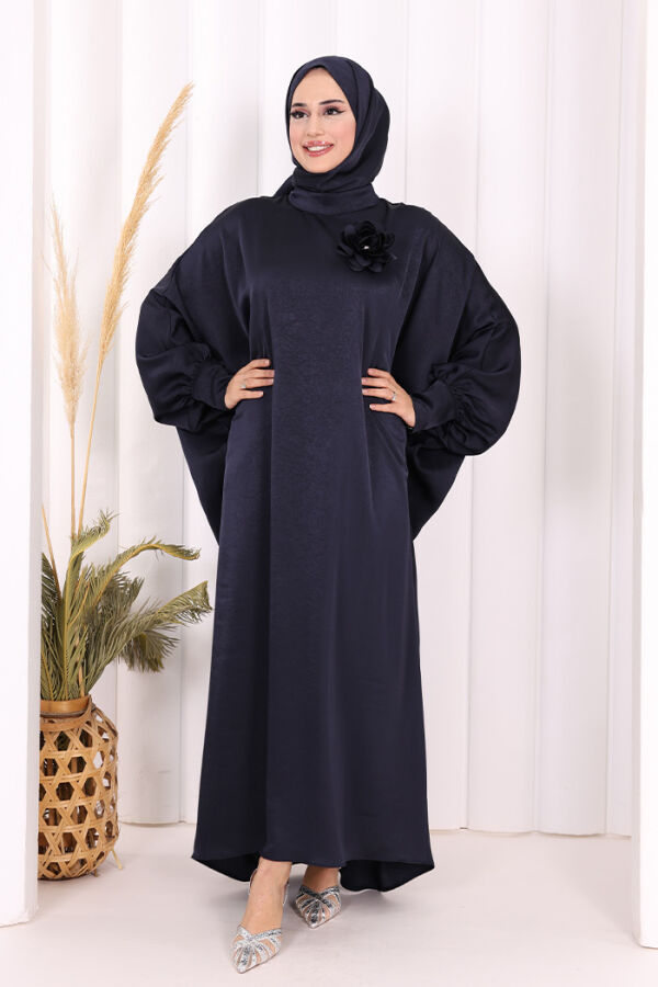 Yarasa Kol Saten Elbise 7054 Lacivert - 2