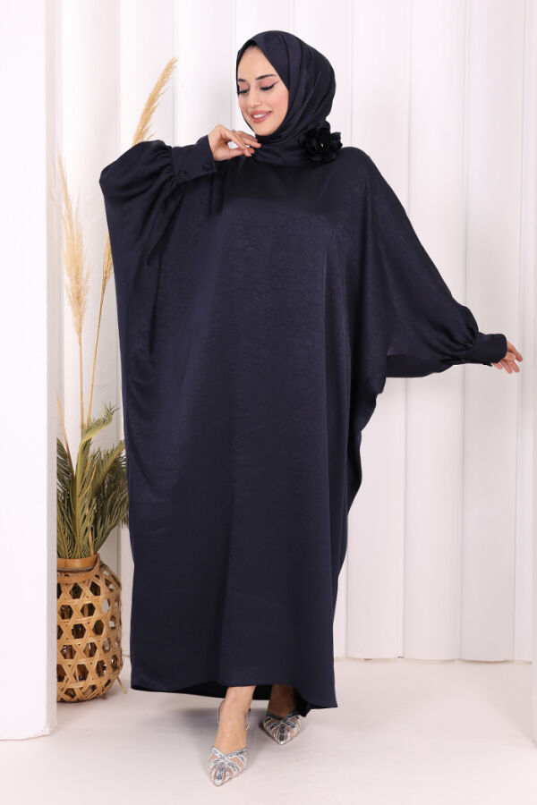 Yarasa Kol Saten Elbise 7054 Lacivert - 3