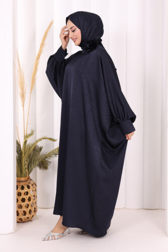 Yarasa Kol Saten Elbise 7054 Lacivert - 4