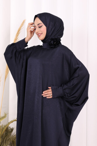 Yarasa Kol Saten Elbise 7054 Lacivert - 6