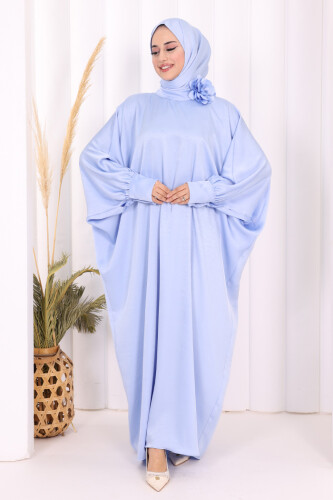 Yarasa Kol Saten Elbise 7054 Mavi - 4