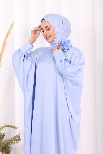 Yarasa Kol Saten Elbise 7054 Mavi - 5