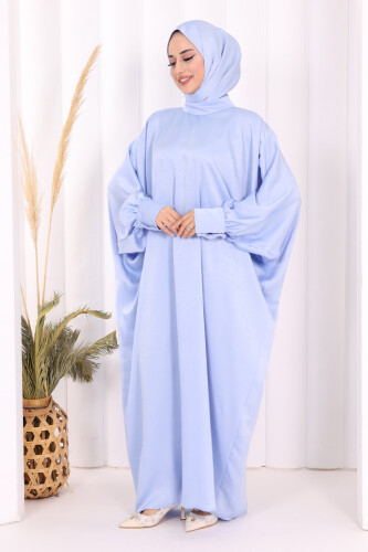 Yarasa Kol Saten Elbise 7054 Mavi - 6