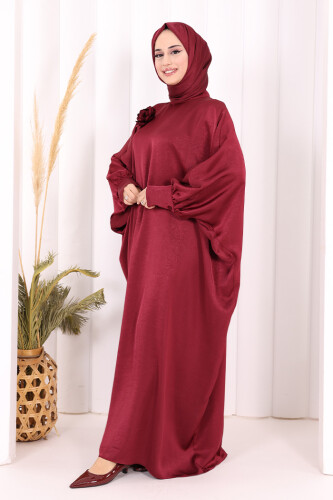 Yarasa Kol Saten Elbise 7054 Mürdüm - 3