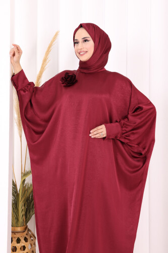 Yarasa Kol Saten Elbise 7054 Mürdüm - 5