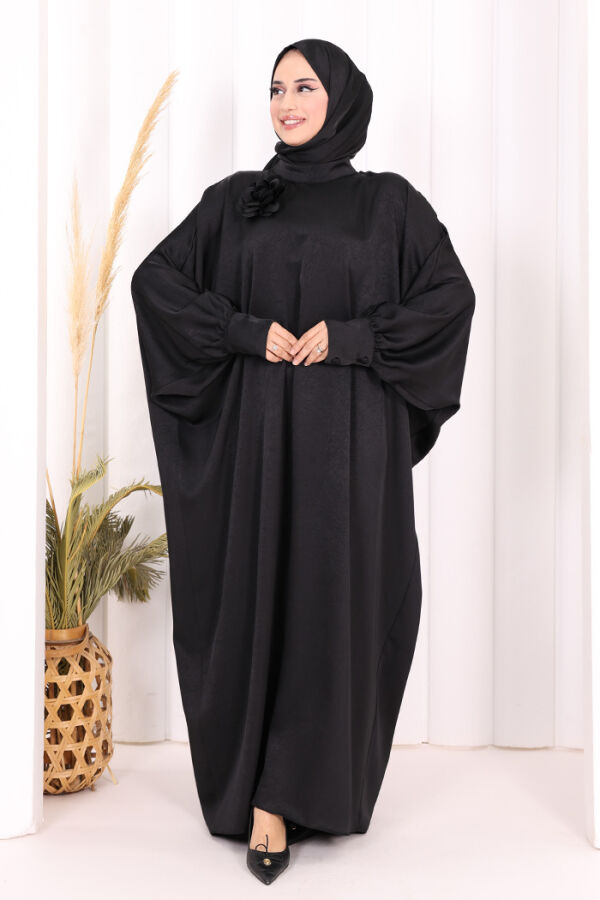 Yarasa Kol Saten Elbise 7054 Siyah - 2