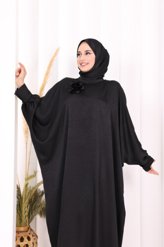 Yarasa Kol Saten Elbise 7054 Siyah - 5