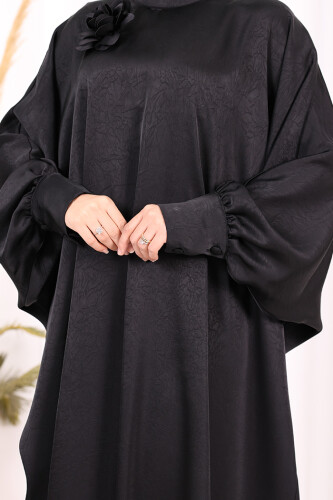 Yarasa Kol Saten Elbise 7054 Siyah - 6