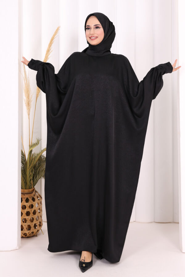 Yarasa Kol Saten Elbise 7054 Siyah - 9