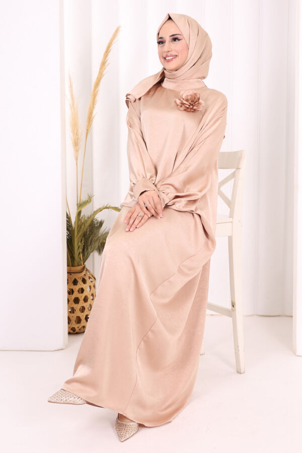 Yarasa Kol Saten Elbise 7054 Vizon - 2