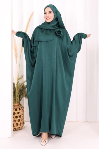 Yarasa Kol Saten Elbise 7054 Zümrüt