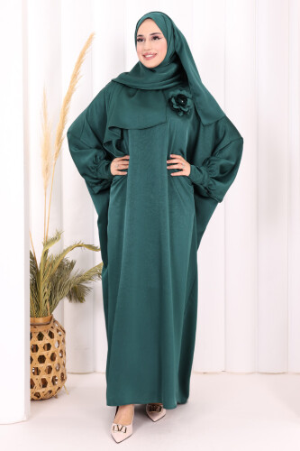 Yarasa Kol Saten Elbise 7054 Zümrüt - 2