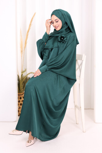 Yarasa Kol Saten Elbise 7054 Zümrüt - 3