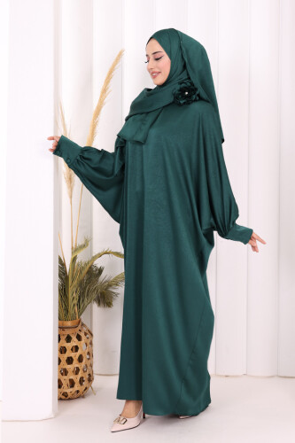 Yarasa Kol Saten Elbise 7054 Zümrüt - 5