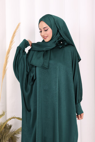 Yarasa Kol Saten Elbise 7054 Zümrüt - 6