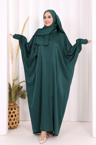 Yarasa Kol Saten Elbise 7054 Zümrüt - 7