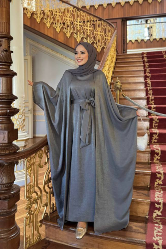 Yarasakol Abayalı Elbise Takım 8497 Füme - Bym Fashion