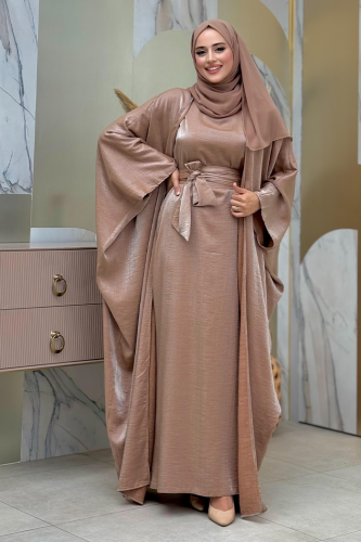 Yarasakol Abayalı Elbise Takım 8497 Vizon - Bym Fashion