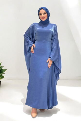 Yarasakol Bel Kısmı Gizli İp Kuşaklı Elbise 3891 Lacivert - Bym Fashion