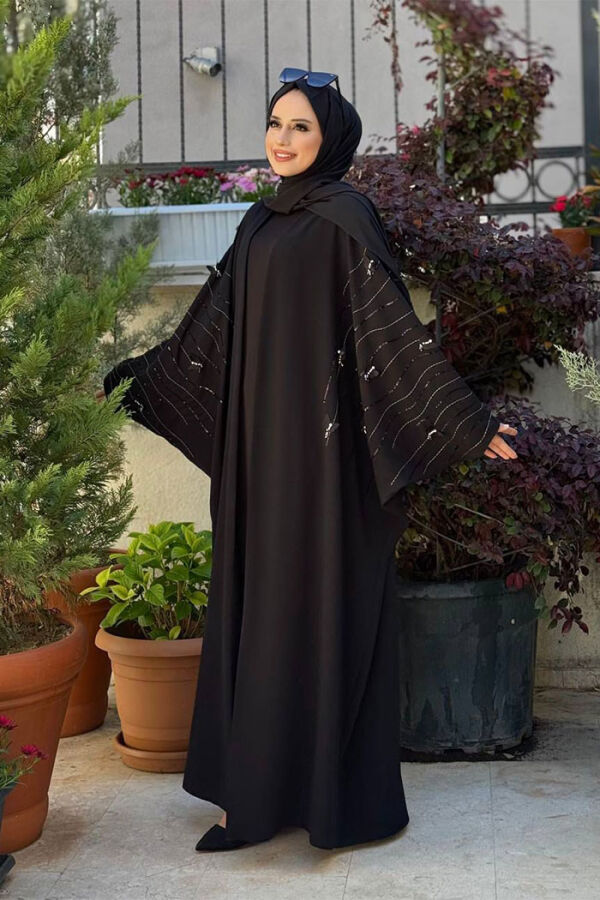 Yarasakol İşleme Detaylı Abaya 70012 Siyah - 3