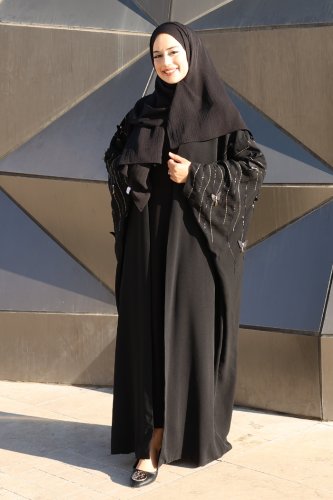 Yarasakol İşleme Detaylı Abaya 70012 Siyah - Bym Fashion