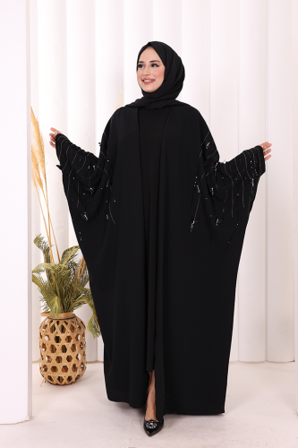Yarasakol İşleme Detaylı Abaya 70012 Siyah - Bym Fashion