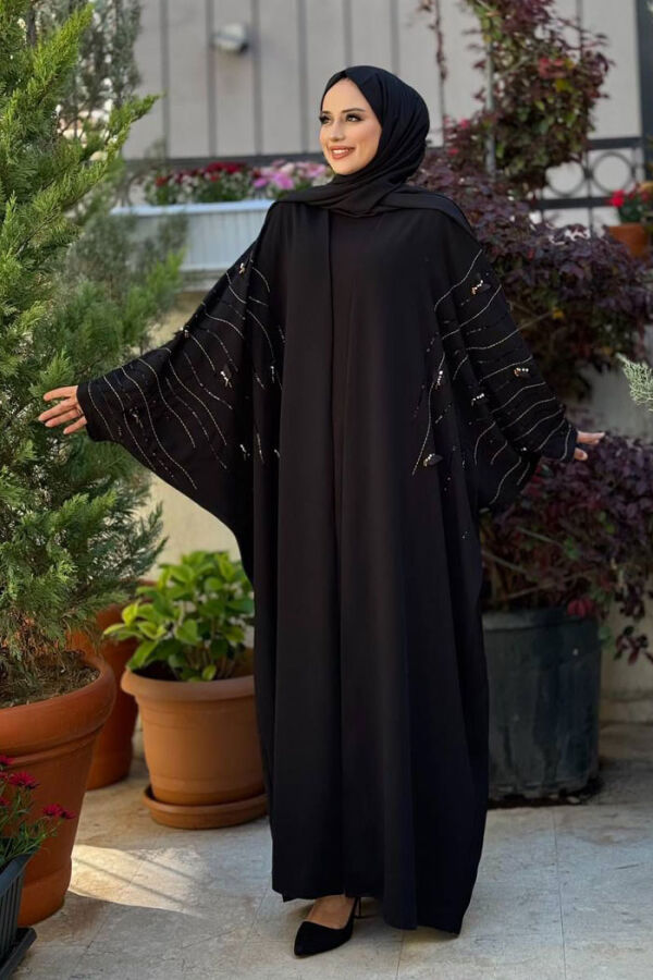 Yarasakol İşleme Detaylı Abaya 70012 Siyah-Gold - 1