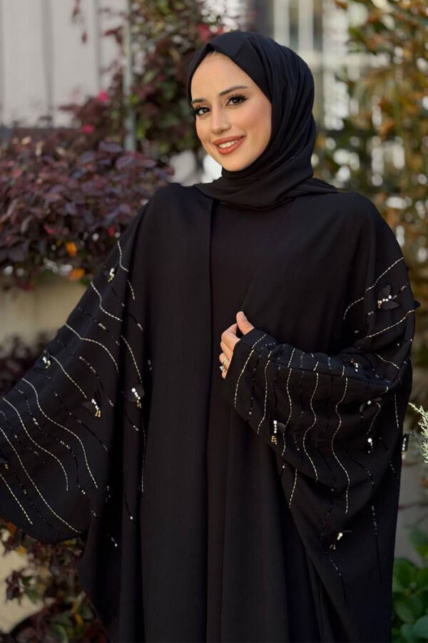Yarasakol İşleme Detaylı Abaya 70012 Siyah-Gold - 4