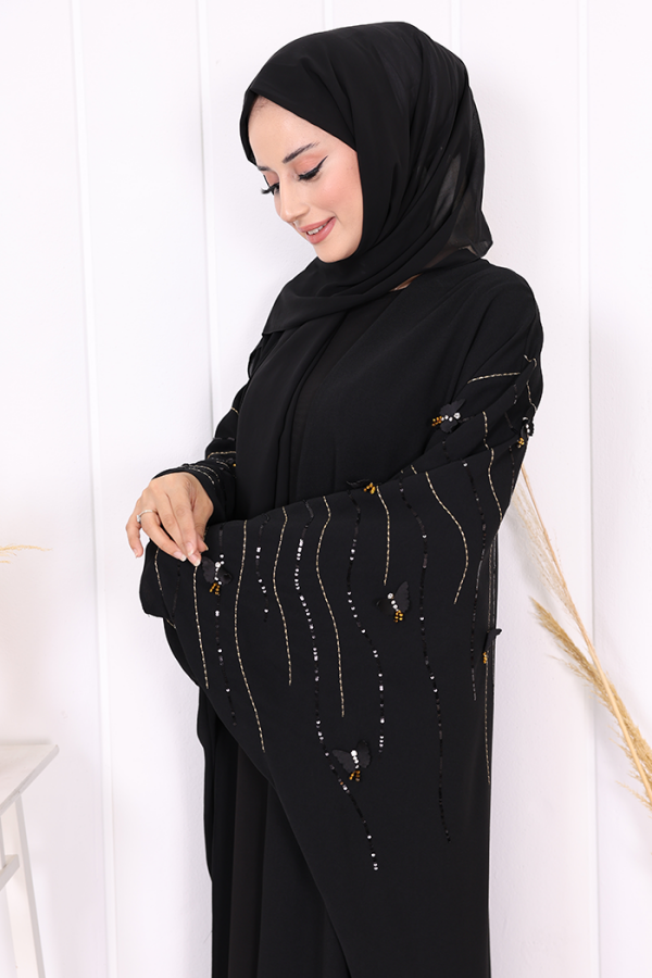 Yarasakol İşleme Detaylı Abaya 70012 Siyah-Gold - 6