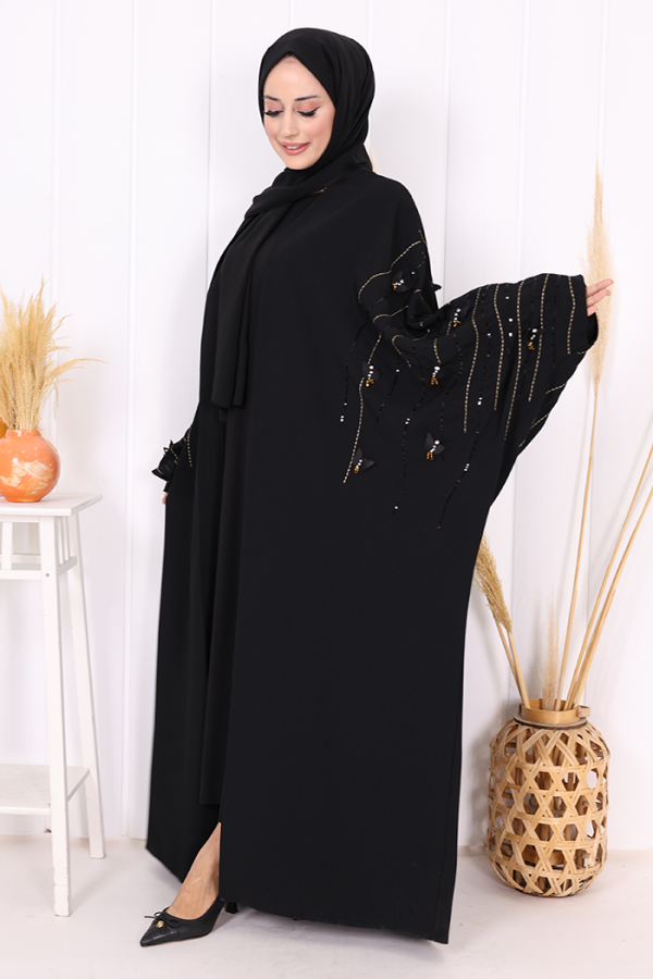 Yarasakol İşleme Detaylı Abaya 70012 Siyah-Gold - 1