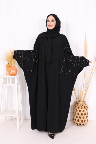 Yarasakol İşleme Detaylı Abaya 70012 Siyah-Gold - 3