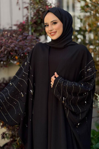 Yarasakol İşleme Detaylı Abaya 70012 Siyah-Gold - 9