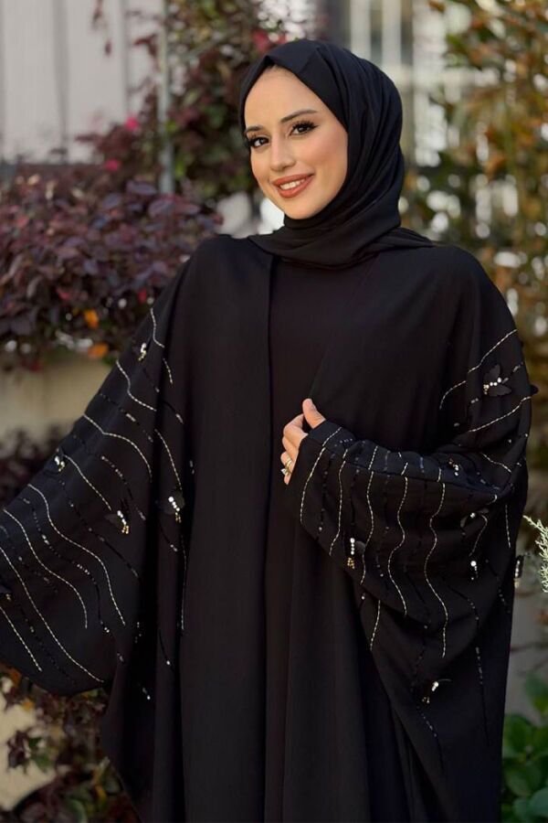 Yarasakol İşleme Detaylı Abaya 70012 Siyah-Gold - 9