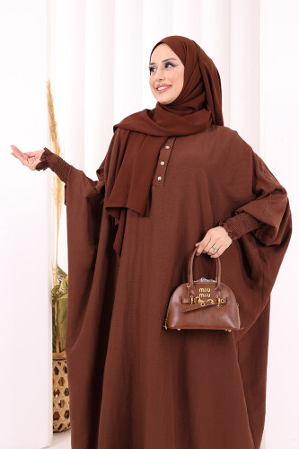 Yarasakollu Elbise 6077 Kahverengi - 5