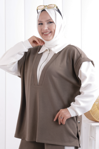 Yelek Detay Çıt Çıt Pantolonlu Takım 1209 Haki - 4