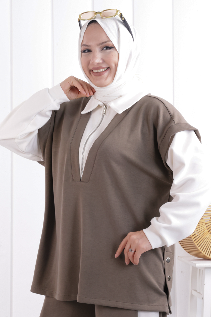 Yelek Detay Çıt Çıt Pantolonlu Takım 1209 Haki - 4