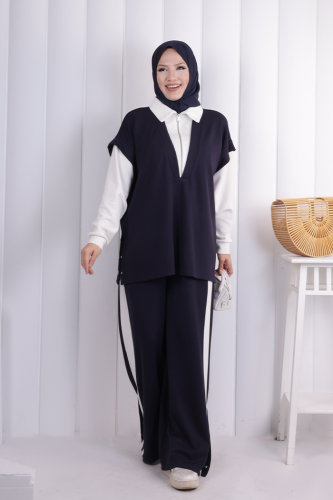 Yelek Detay Çıt Çıt Pantolonlu Takım 1209 Lacivert