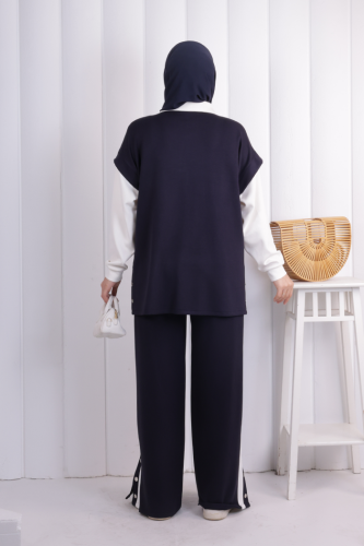 Yelek Detay Çıt Çıt Pantolonlu Takım 1209 Lacivert - 3