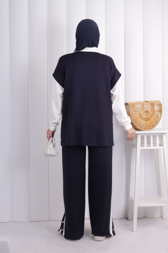 Yelek Detay Çıt Çıt Pantolonlu Takım 1209 Lacivert - 3