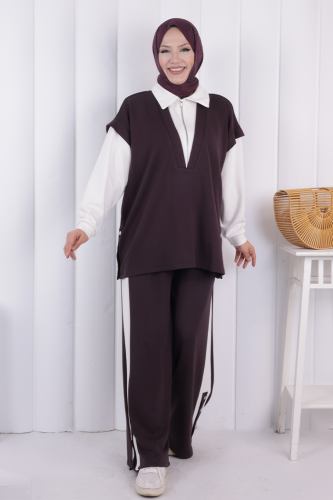 Yelek Detay Çıt Çıt Pantolonlu Takım 1209 Mürdüm
