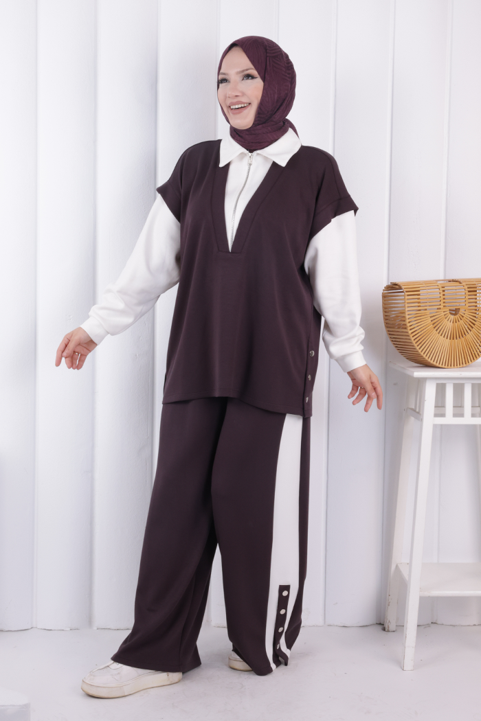 Yelek Detay Çıt Çıt Pantolonlu Takım 1209 Mürdüm - 3