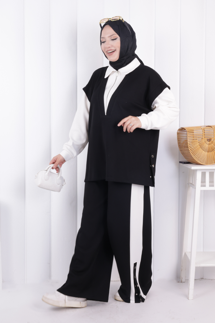 Yelek Detay Çıt Çıt Pantolonlu Takım 1209 Siyah - 1