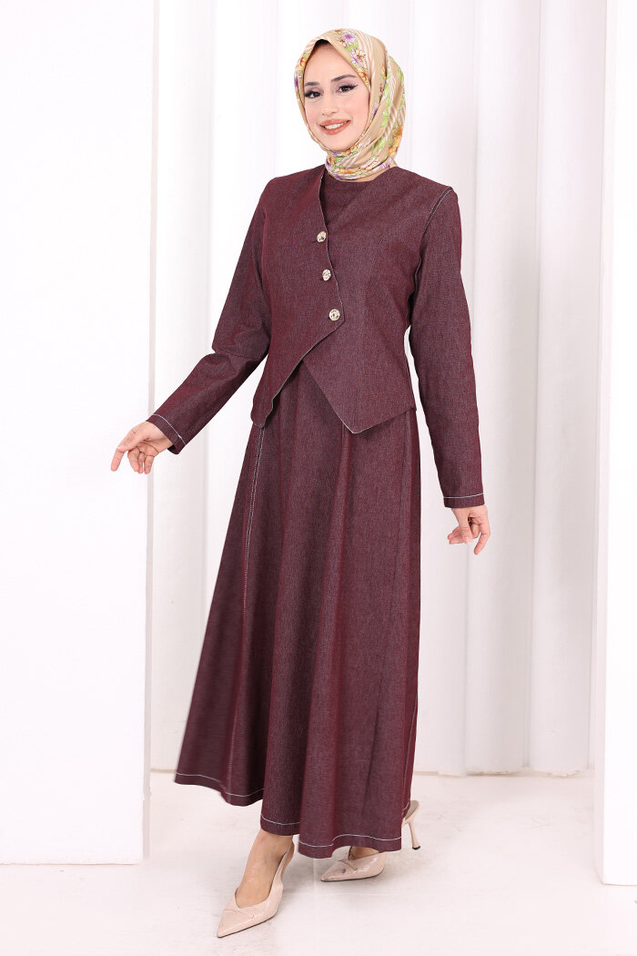 Yelekli Denim Elbise 6081 Bordo - 3