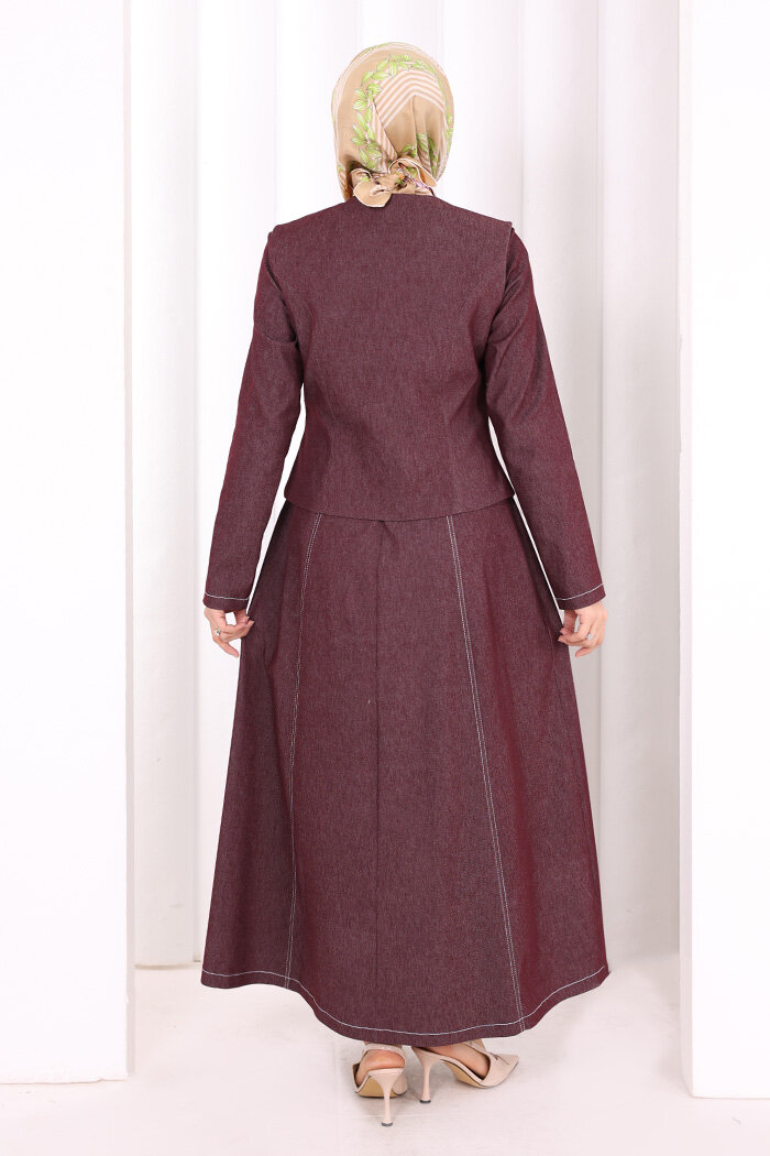 Yelekli Denim Elbise 6081 Bordo - 4