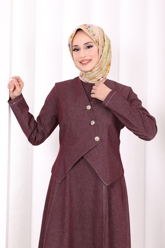 Yelekli Denim Elbise 6081 Bordo - 5