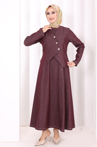 Yelekli Denim Elbise 6081 Bordo
