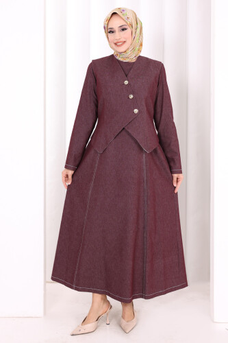 Yelekli Denim Elbise 6081 Bordo - 2